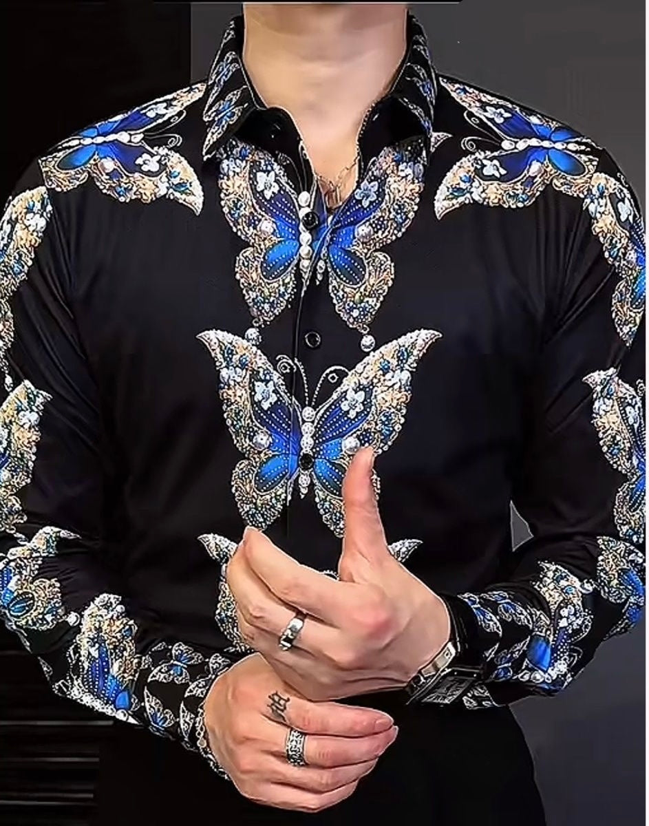 Rhinestone Men's Long Sleeve Button Shirt