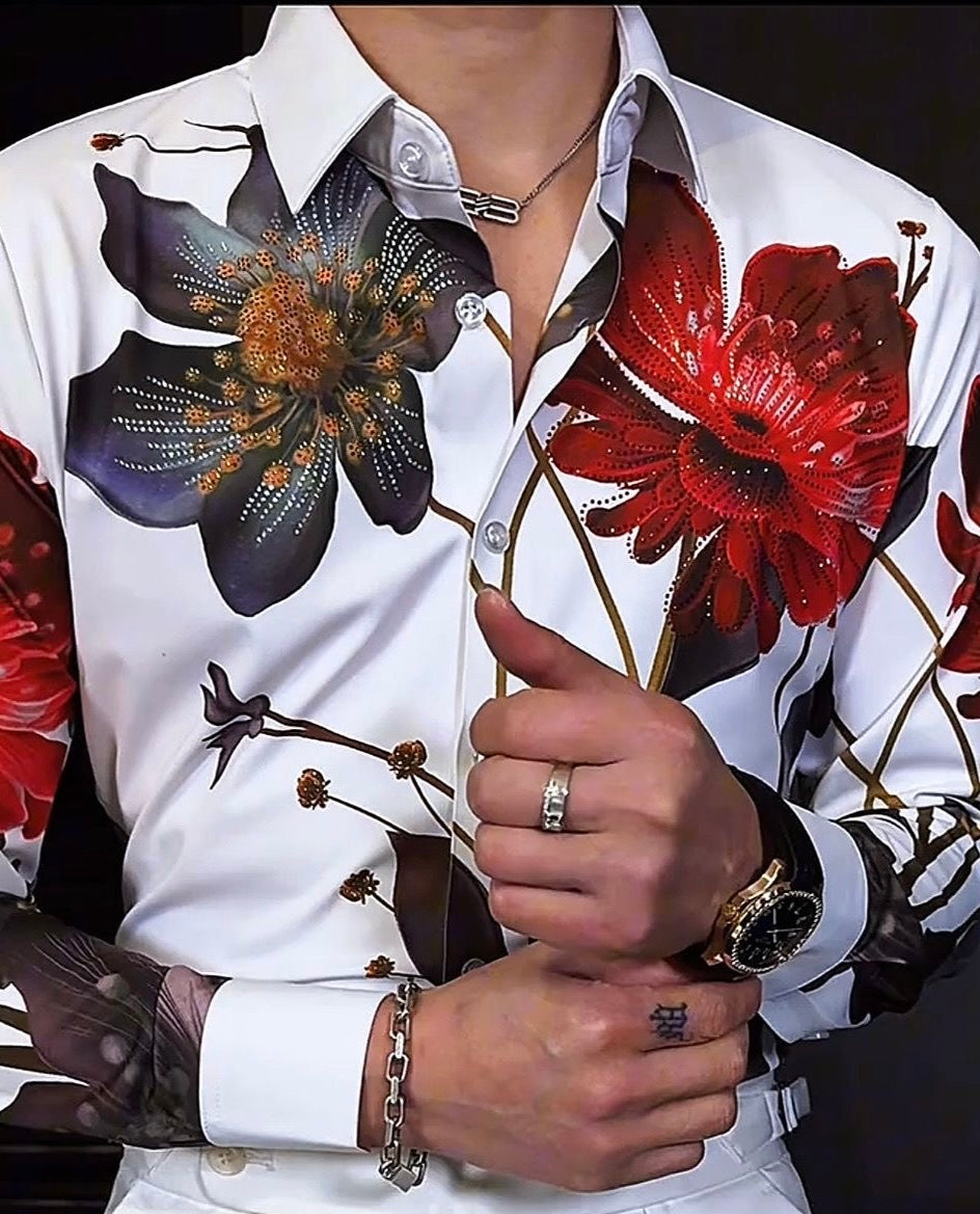Rhinestone Men's Long Sleeve Button Shirt